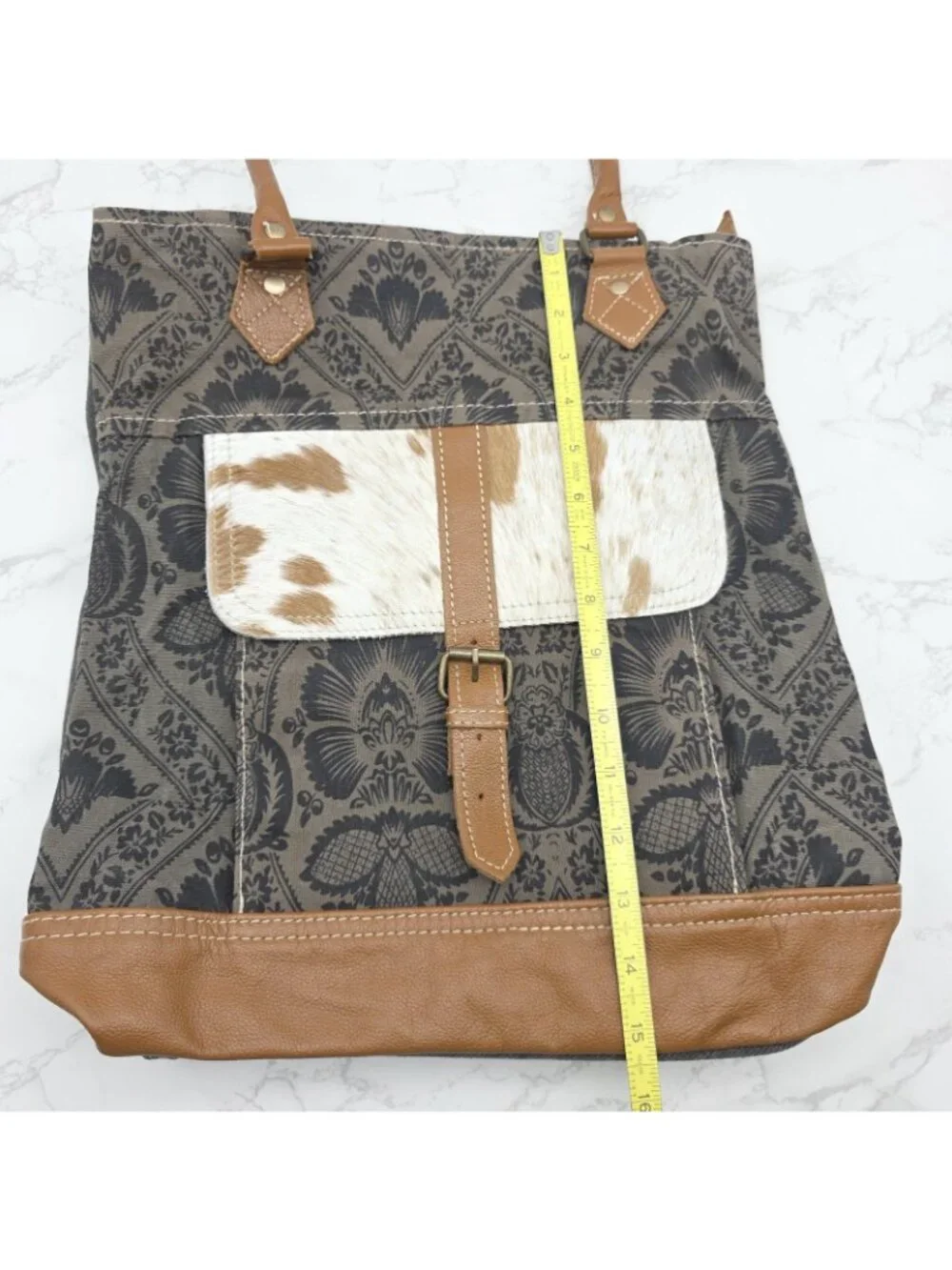 Myra Bag Tote Handbag Womens Brown Canvas Cowhide Leather Floral Western Boho